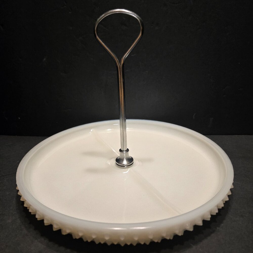 VINTAGE FENTON MILK GLASS CONDIMENT TRAY WITH CHROME HANDLE